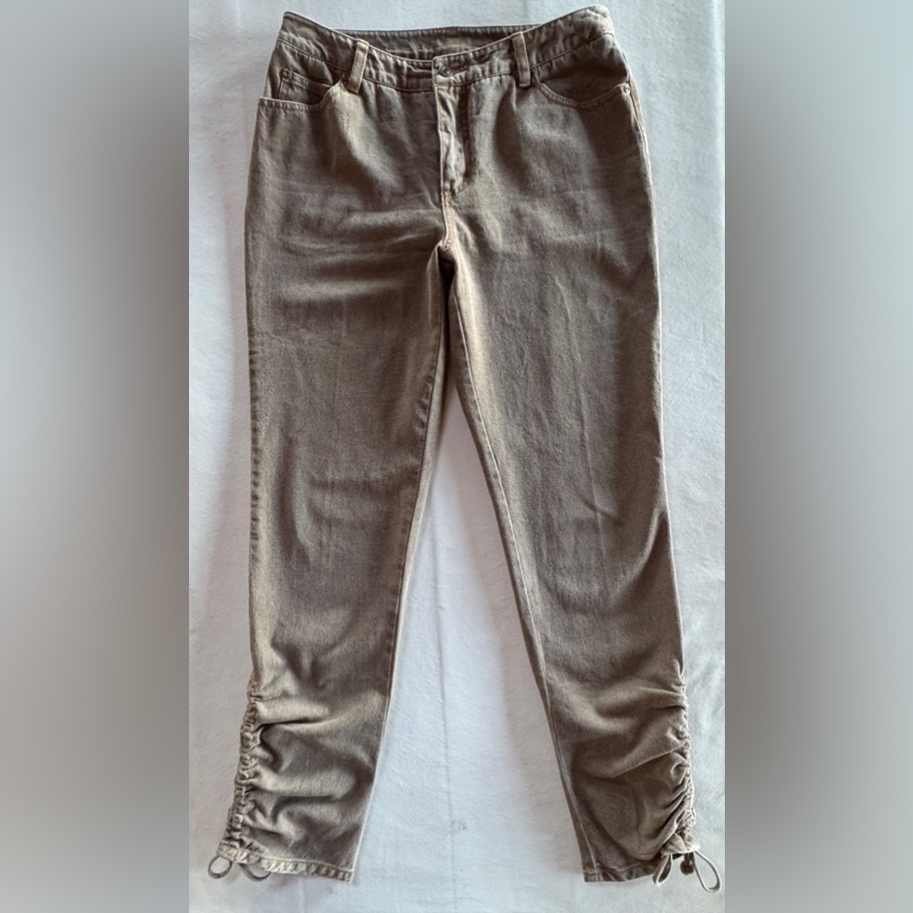 Newport News Taupe Brown Ruched Tapered Leg Denim Jeans (10) - Picture 3 of 16